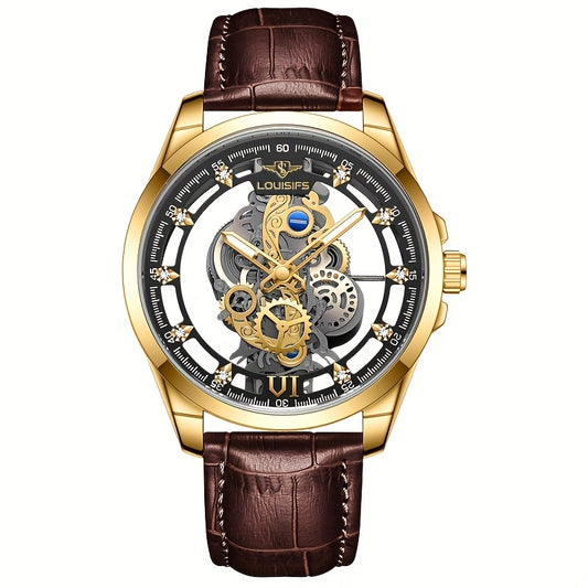 Men's Double-Sided Hollow Luminous Quartz Watch with Mechanical Automatic Movement, Transparent Case & Date Display - Business Casual Dress Watch, Ideal Gift for Him