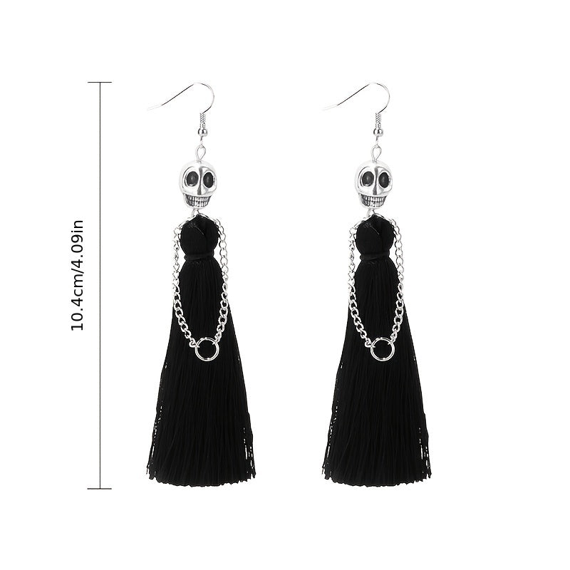 [With Tassel Dangle Earrings Skeleton] Halloween Skeleton Bride Design With Threads Tassel Dangle Earrings Goth Party Style Zinc Alloy Jewelry Ghost Festival Ear Ornaments