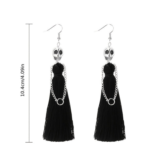 [With Tassel Dangle Earrings Skeleton] Halloween Skeleton Bride Design With Threads Tassel Dangle Earrings Goth Party Style Zinc Alloy Jewelry Ghost Festival Ear Ornaments