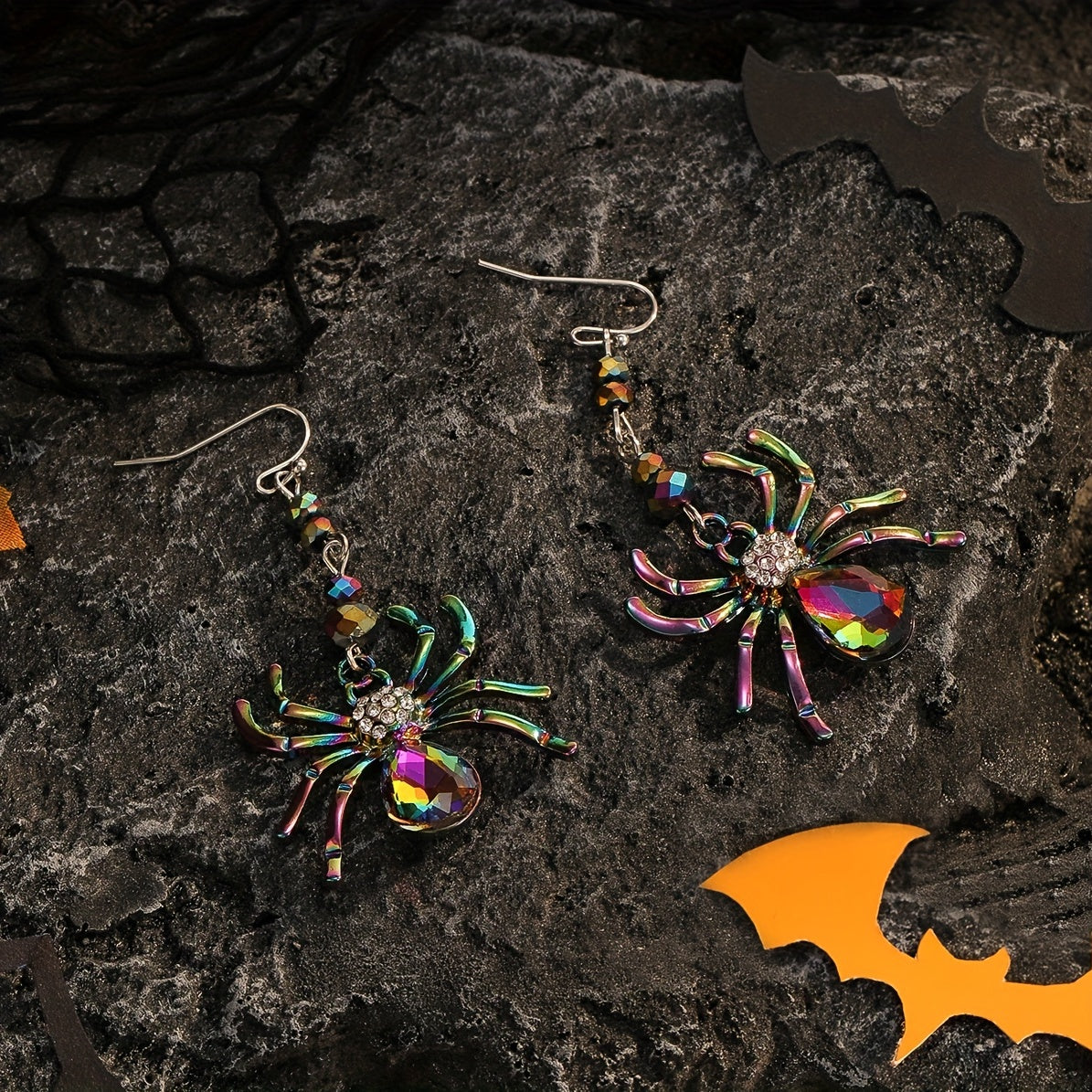 1 Pair of Spooky Chic Halloween Spider Dangle Earrings for Women - Colorful Rhinestone Accents, Zinc Alloy, Ideal for Daily Wear & Holiday Celebrations
