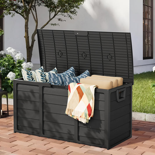 [Outdoor Storage Box] 75 Gallon Resin Outdoor Storage Box with Handles, Deck Storage Container with Handles for Pool Accessories, Garden Tools, Camping Gear, Easy to Assemble, Box,Cabinet,Rack for Outdoor Storage