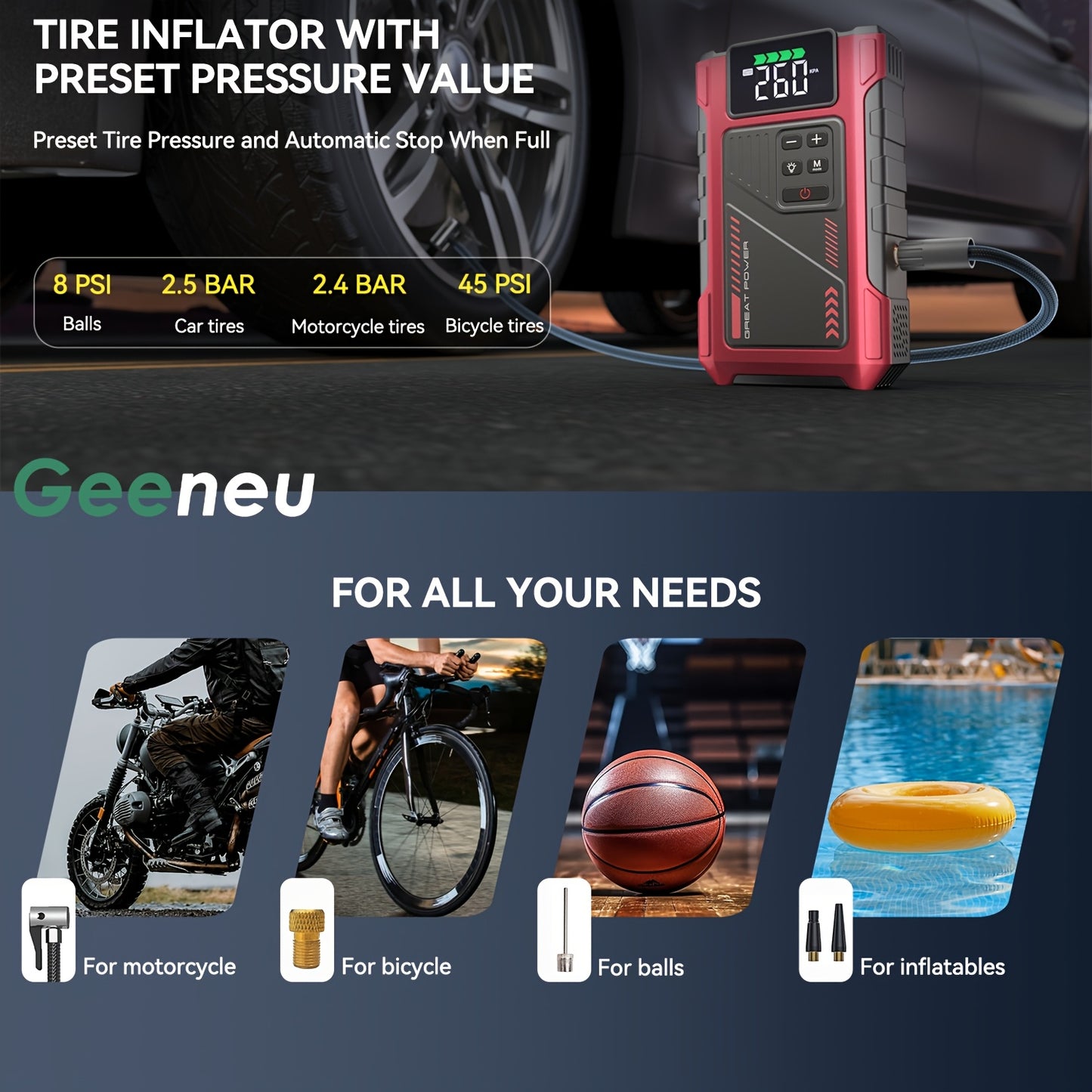 4000A Portable Wireless Car Air Compressor Jump Starter with Air Compressor, Battery Jump Starter Portable Peak, Car Battery Charger Portable For12V(8.0LGas/1.72gal Diesel) Start The Car Quickly, USB Input/output, LED Emergen