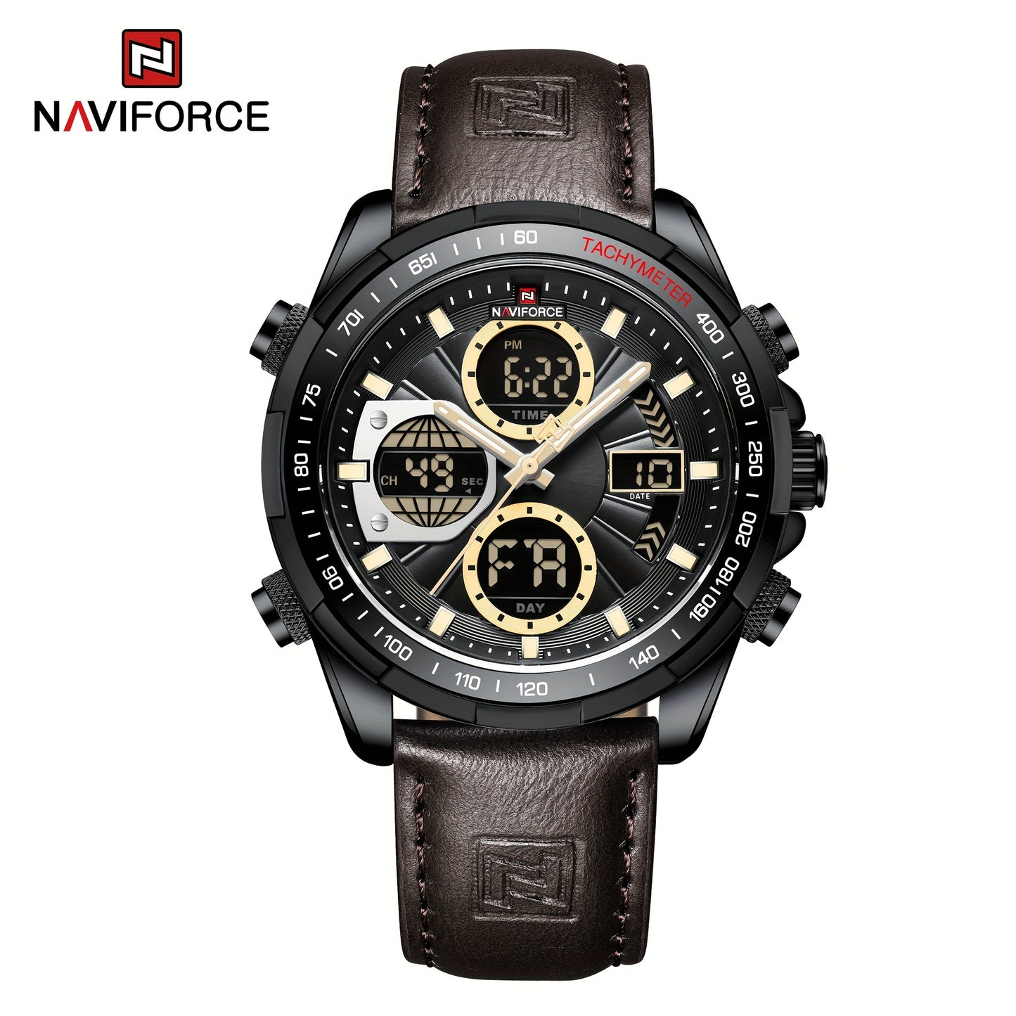 NAVIFORCE Men's Dual Display Sports Watch - Green Genuine Leather Strap, Stainless Steel Case, Chronograph & Date Functions, Ideal for Casual or Athletic Wear, Athletic Accessory|Classic Round Dial|Durable Zinc Alloy