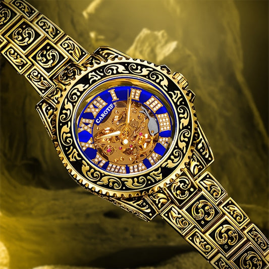 1pc Men'S Red Steel Belt Retro Style Design Novel Fashion Luminous Carved Mechanical Watch
