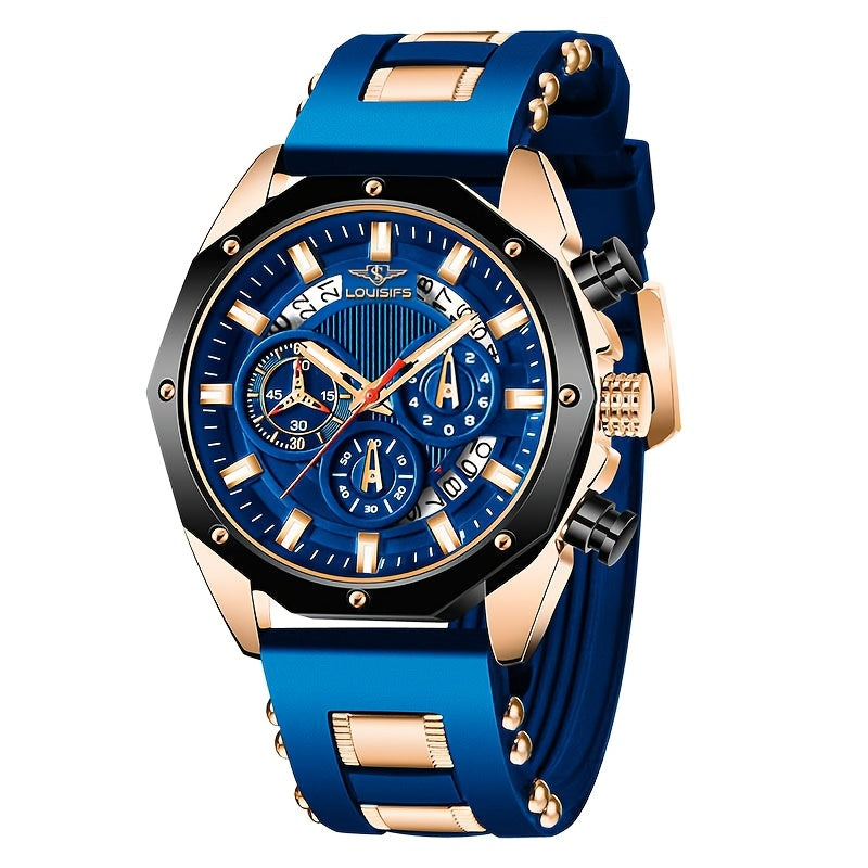 Men's Luxury Watch - Large Dial with Date Window, Quartz Movement, Navy Blue Dial & Golden-Tone Accents, for Business, Formal & Casual Attire - Ideal Gift for Men, Business Wristwatch, Sporty Elegant Design, Textured Strap De