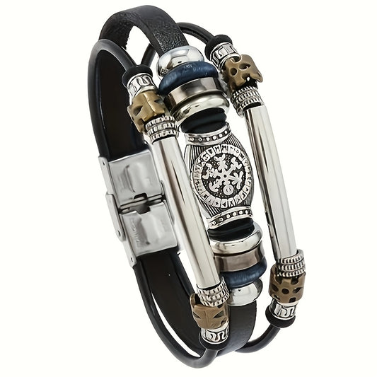 Vintage Viking Style Men's Bracelet - Faux Leather & Copper Metalwork with Intertwined Bands, Roman Numeral Dial & Lion Head Charms - Durable PU Leather Statement Jewelry Gift for Him