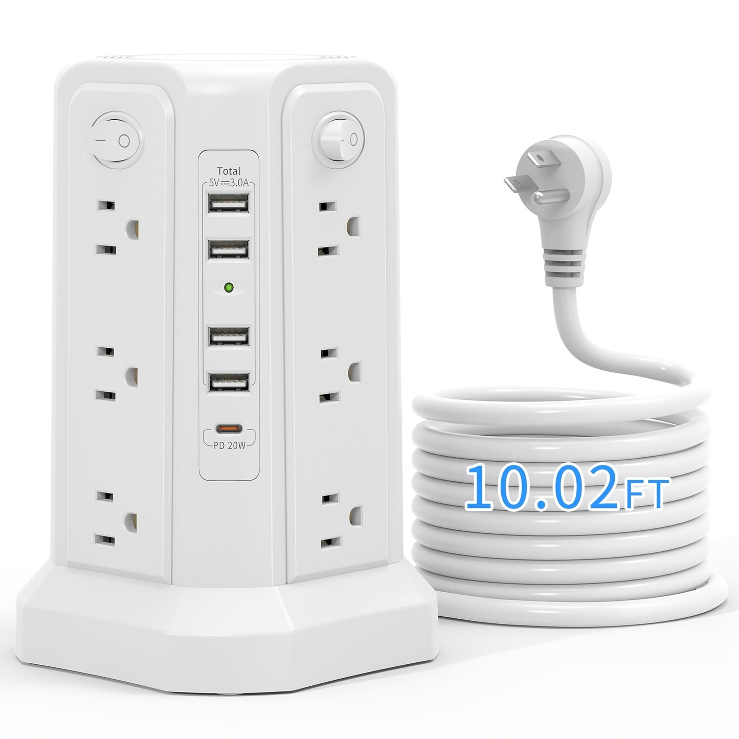 LEVEL 4 Upgraded New Product Flat Plug 16 AC Outlets Power Strip Tower with USB/USB C Port, Surge Protector Power Tower with 5 USB Charging Ports, Extension Cord Desktop Power Strip