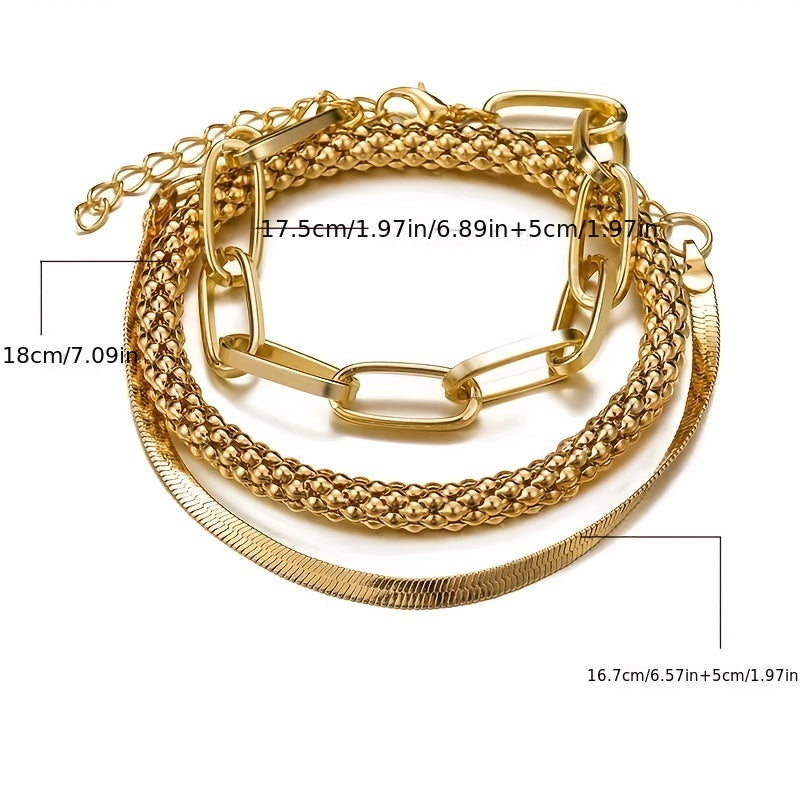 Trendy European And American Accessories: Hot-selling Multi-layer Snake Bone Chain Bracelet Set, Creative Vintage 3-piece Golden Chain Bracelet For Women.