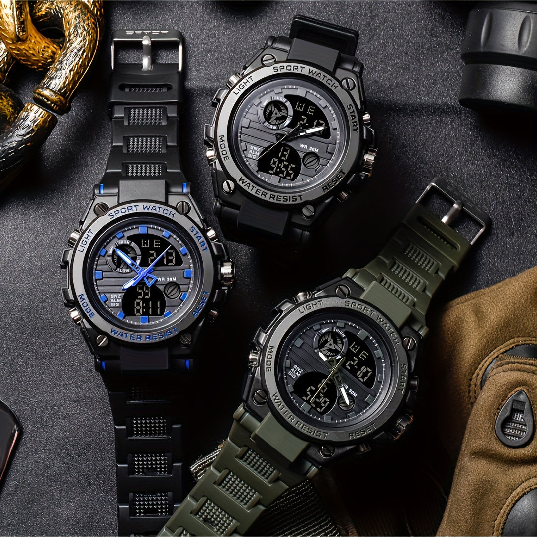 Rugged Men's LED Digital & Analog Sports Watch - to 30m, Stopwatch, Dual Display, Durable Black Resin Band, Zinc Alloy Case, for Outdoor Adventures