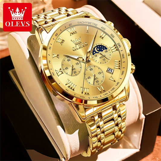 OLEVS Original Stainless Steel Fashion Multifunction Quartz Watch for Men High Quality Chronograph Calendar Moon Phase Luminous Luxury Men's Wrist Watches