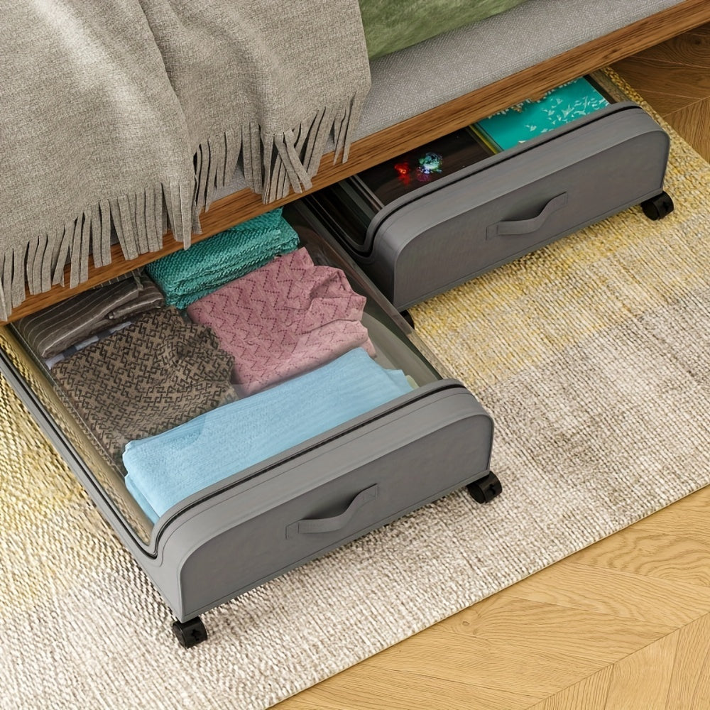 2pcs Under Bed Storage Organizer Metal Underbed Bins With Wheels And Lid Metal Underbed Storage Containers Under Bed Rolling Storage For Clothes, Bedding, Shoes, Blankets, Books, Toys, Baskets, Bins & Containers for Home Orga