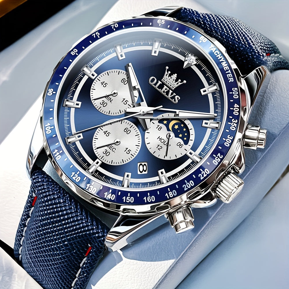 OLEVS Men'S Luxury Watches Blue Leather, Casual Watches for Men, Chronograph Watches Moon Phase Quartz Male Watch Wrist Watch Big Face with Calendar Wristwatch Relojes De Hombre
