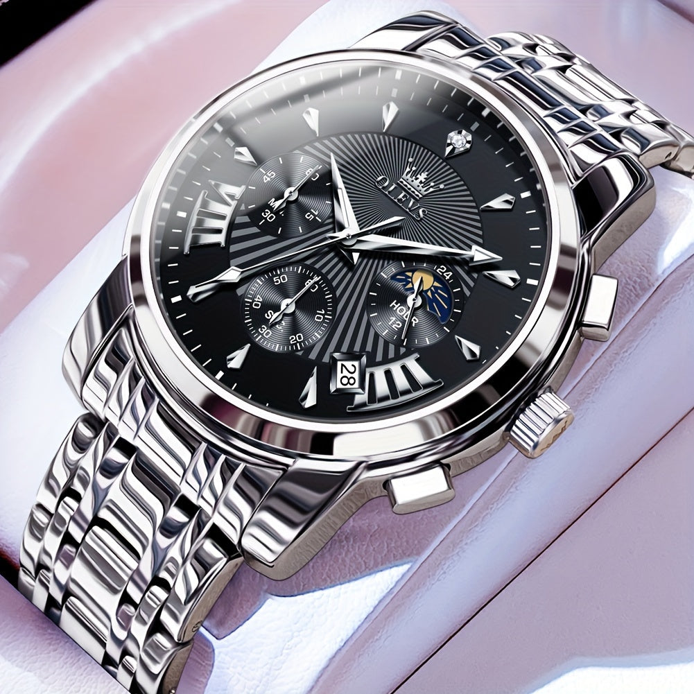 OLEVS Watch for Men Chronograph Stainless Steel Case Analog Quartz Fashion Business Dress Large Face Men Watch Day Date Luminous Waterproof Casual Male Wrist Watch