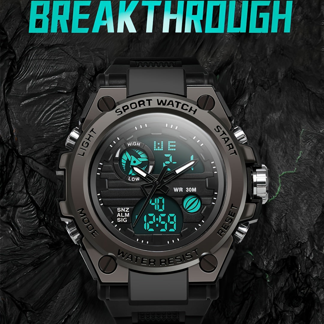 Rugged Men's LED Digital & Analog Sports Watch - to 30m, Stopwatch, Dual Display, Durable Black Resin Band, Zinc Alloy Case, for Outdoor Adventures