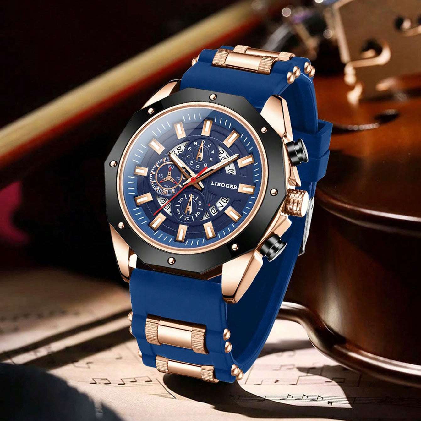 Men's Business Quartz Watch with Date Calendar, Large Blue Dial & Rose Golden Accents - Durable Silicone Strap, High Quality Casual & Formal Wristwatch for Men, Professional Timepiece, Sturdy Construction