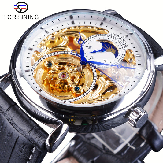 Forsining Vintage Royal Golden Men's Skeleton Watch - Tourbillon & Moon Dial, Blue Hands, Stainless Steel Case, Faux Leather Strap - Elegant Business Fashion Wristwatch, Mechanical Watches, Ideal Luxury Gifts, Casual
