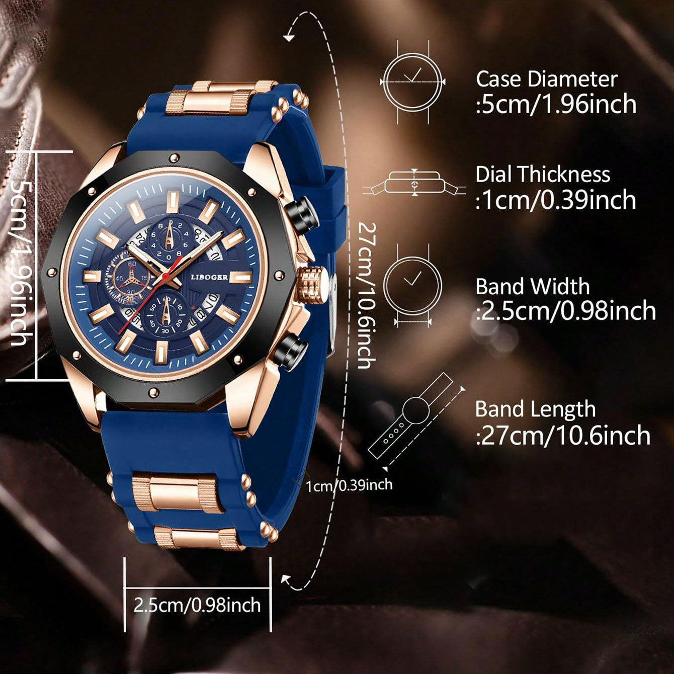 Men's Business Quartz Watch with Date Calendar, Large Blue Dial & Rose Golden Accents - Durable Silicone Strap, High Quality Casual & Formal Wristwatch for Men, Professional Timepiece, Sturdy Construction