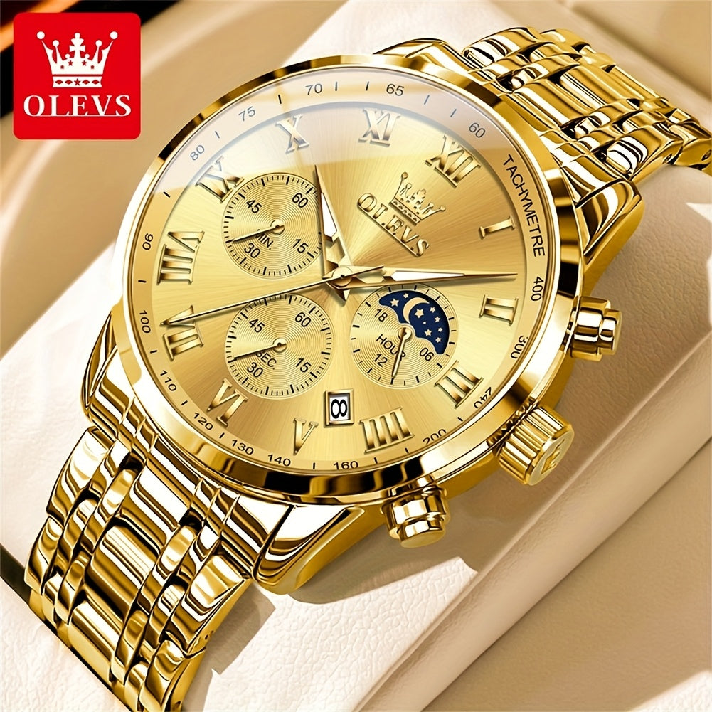 OLEVS Original Stainless Steel Fashion Multifunction Quartz Watch for Men High Quality Chronograph Calendar Moon Phase Luminous Luxury Men's Wrist Watches