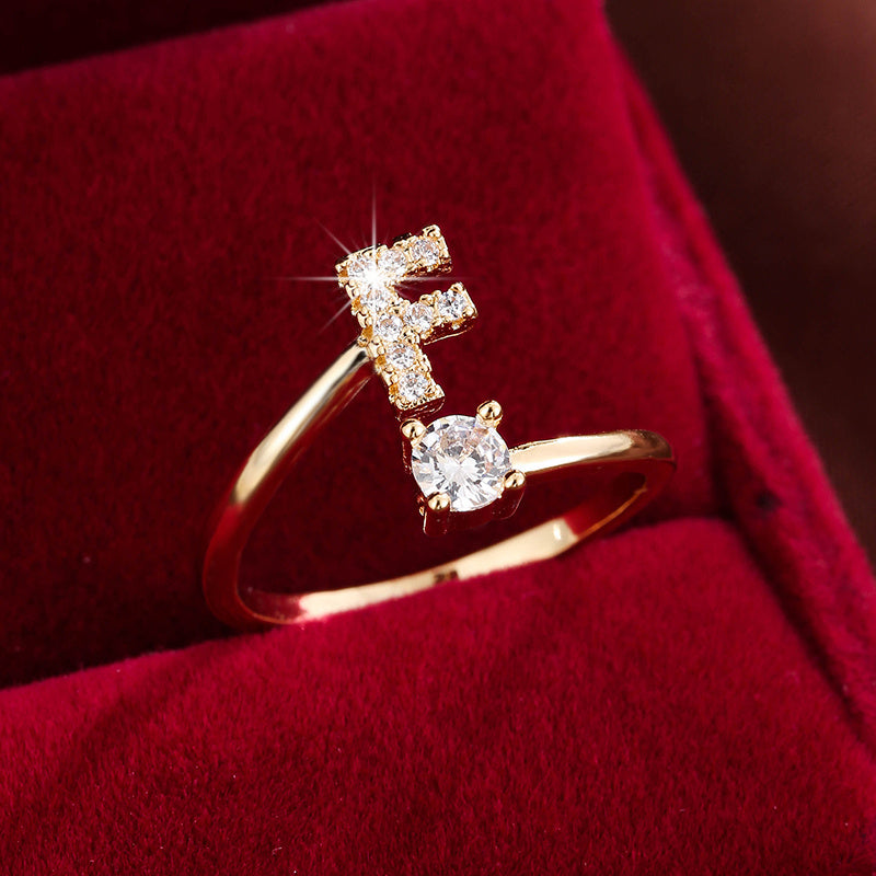 [Copper Fashion Ring] Four-claw Round Zirconia Adjustable Copper Ring With 26 English Letters