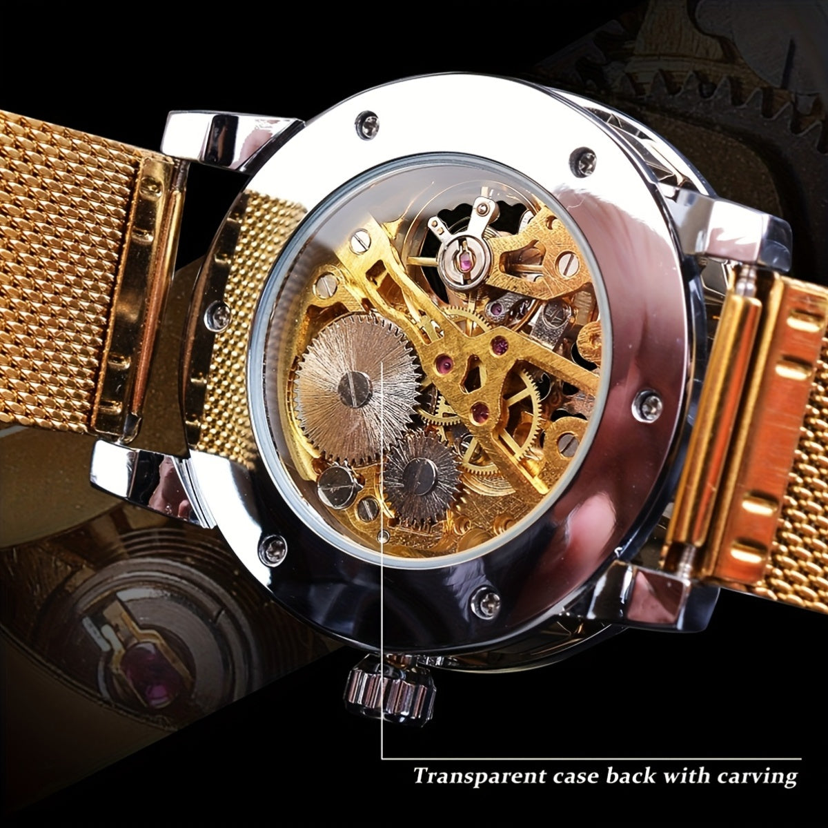 1pc Elegant Men's Mechanical Watch with Rhinestone Accents, Golden-Tone Hollow Mesh Band, Stainless Steel & Zinc Alloy Case, Self-Winding Movement, No Battery Needed - Business Style Luxury Watch for Formal & Casual Wear, For