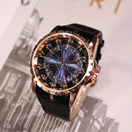 1pc/Set Men'S Rose Black PU Belt Party Style Novel Round Table Twelve Knight Quartz Watch Gift Box Set, Christmas