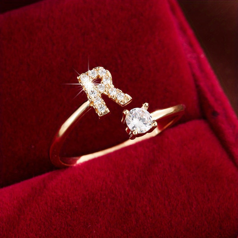 [Copper Fashion Ring] Four-claw Round Zirconia Adjustable Copper Ring With 26 English Letters