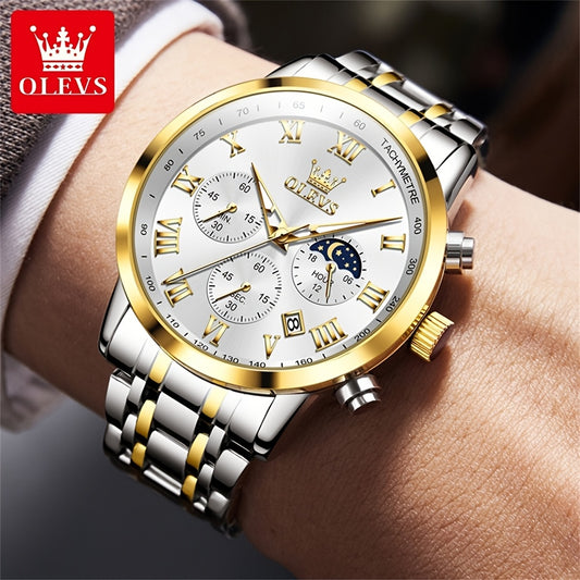 OLEVS Original Stainless Steel Fashion Multifunction Quartz Watch for Men High Quality Chronograph Calendar Moon Phase Luminous Luxury Men's Wrist Watches
