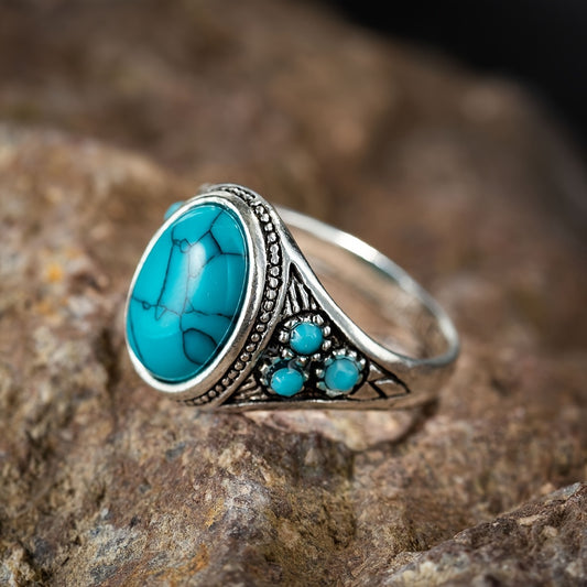 Golden Plated Synthetic Turquoise Ring - Unique Creative Design - Couple's Gift for Holidays