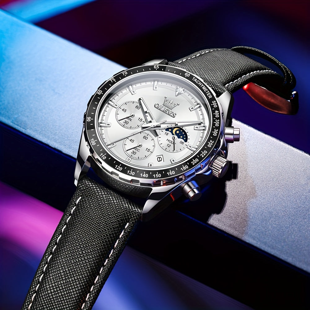 OLEVS Men'S Luxury Watches Blue Leather, Casual Watches for Men, Chronograph Watches Moon Phase Quartz Male Watch Wrist Watch Big Face with Calendar Wristwatch Relojes De Hombre