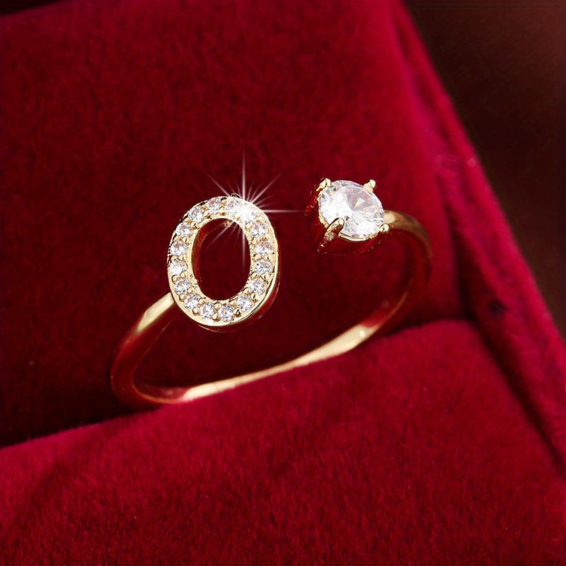 [Copper Fashion Ring] Four-claw Round Zirconia Adjustable Copper Ring With 26 English Letters