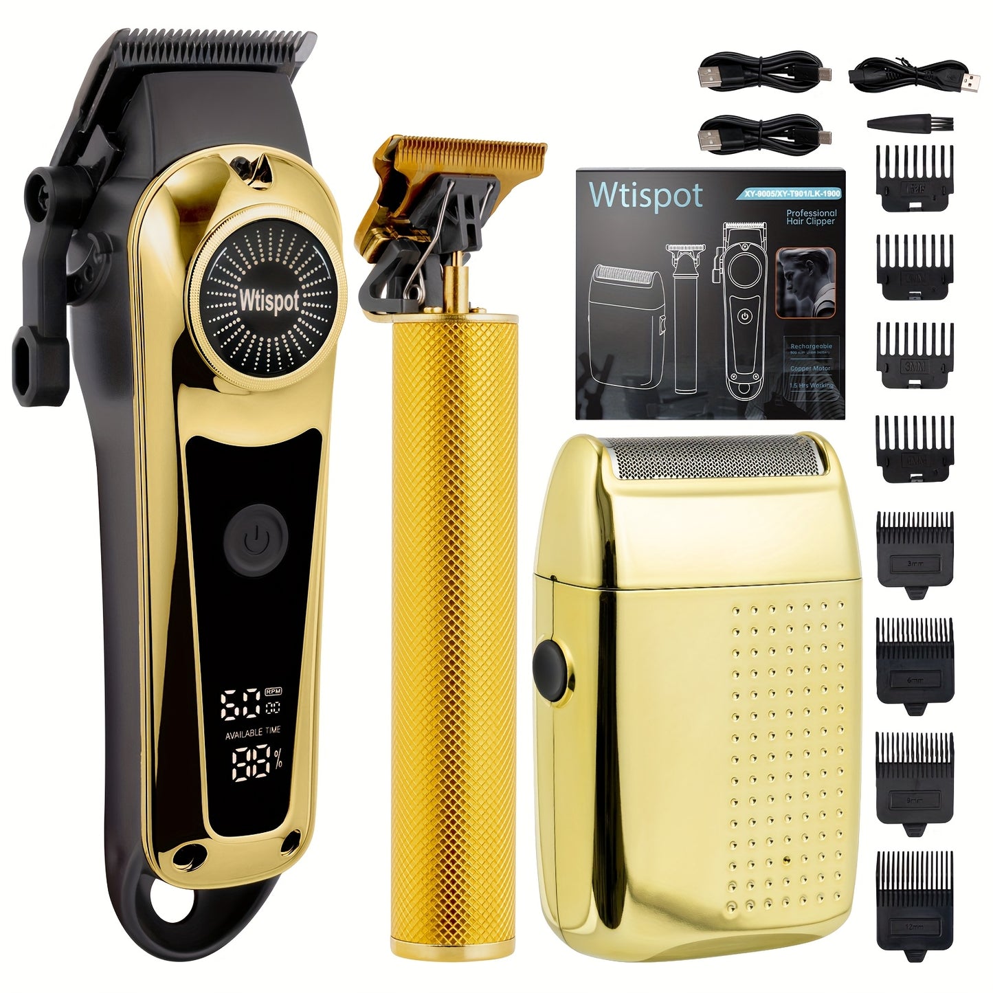 3pcs/se 1pc/sett Men's Professional Golden Hair Clipper & Trimmer Set - USB Rechargeable Hair Cutting Kit with LCD Display Including Electric Shaver, T-Blade Trimmer, 8 Limit Combs, 3 USB Cables, 3 Cleaning Brushes & Combs -