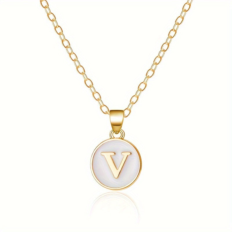 26-Letter Stainless Steel Clavicle Chain Necklace - Dripping Oil Geometric Round Pendant with English Initials - Ladies' Fashion Jewelry for Personalized Gift