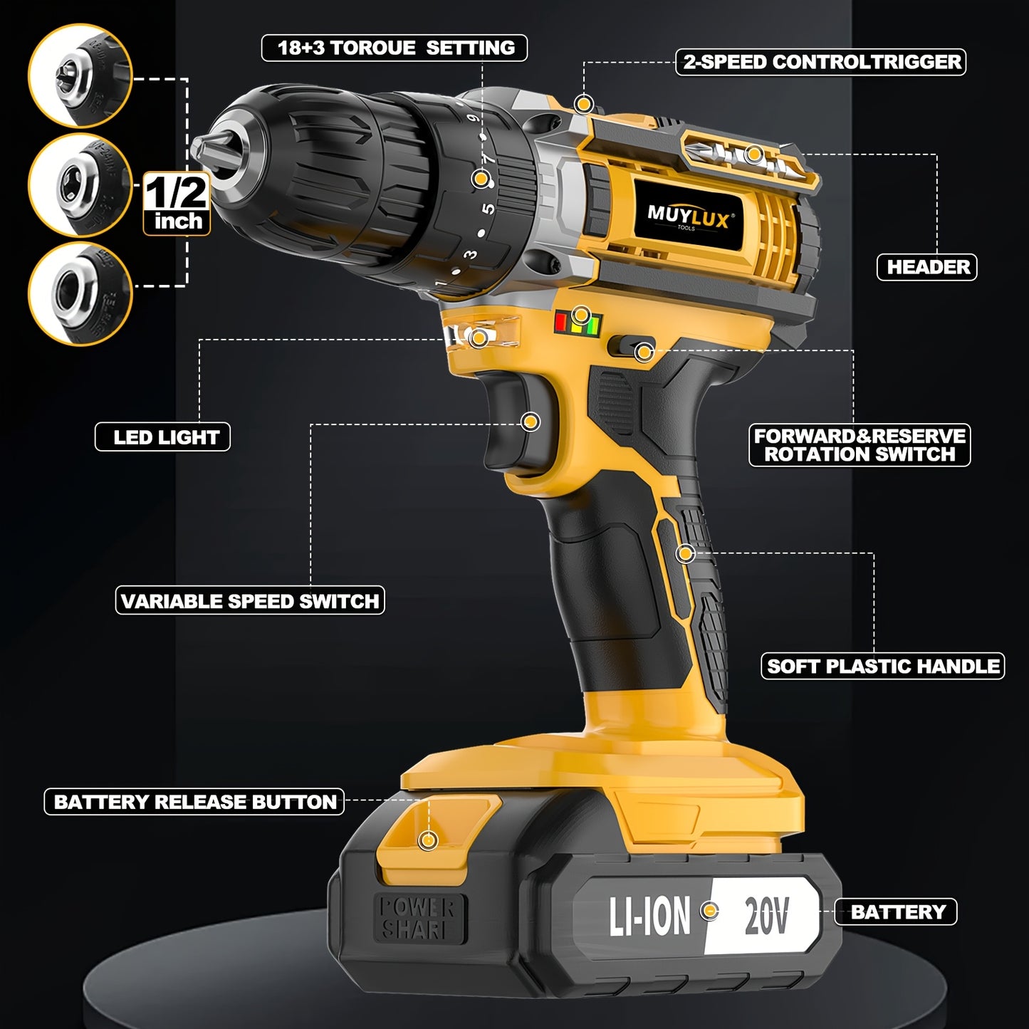 [Cordless Drill Set] 20V 2-Variable Speed Cordless Drill Set, Impact Power Drill With 3/8 Inch Keyless Chuck, 18+3 Clutch Electric Drill, Max Torque 45Nm, Work Light, 2.0AH Batteries And Fast Charger