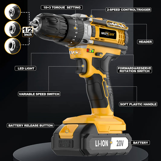 [Cordless Drill Set] 20V 2-Variable Speed Cordless Drill Set, Impact Power Drill With 3/8 Inch Keyless Chuck, 18+3 Clutch Electric Drill, Max Torque 45Nm, Work Light, 2.0AH Batteries And Fast Charger