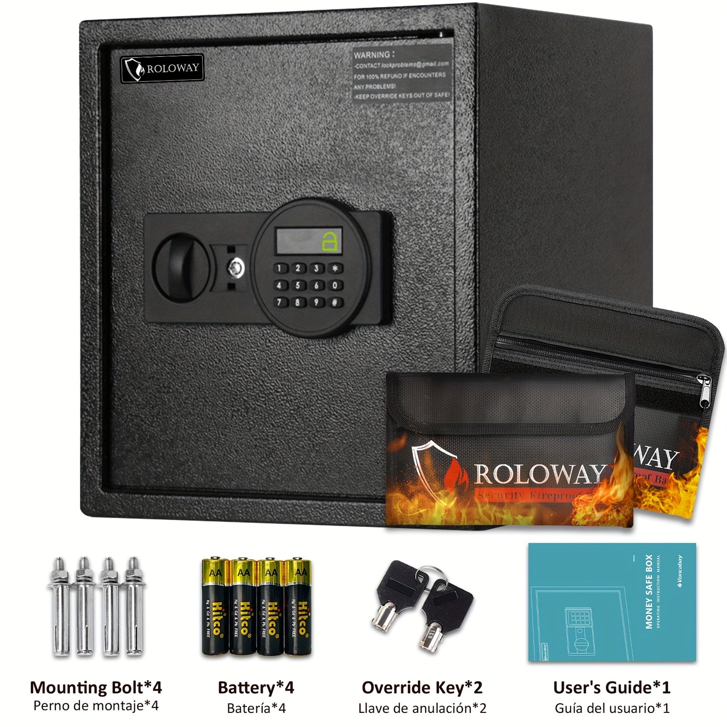 Heavy-Duty Fireproof Steel Safe with Cash Bag - Secure Home Safe Box with Keypad & Key Lock, Ideal for Storing Money, Documents, and Valuables (Black), Valuables Storage | Sleek Black Safe | Durable Metal Safe, Safe Box for H