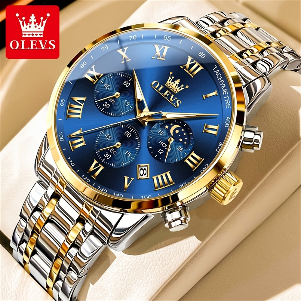 OLEVS Original Stainless Steel Fashion Multifunction Quartz Watch for Men High Quality Chronograph Calendar Moon Phase Luminous Luxury Men's Wrist Watches