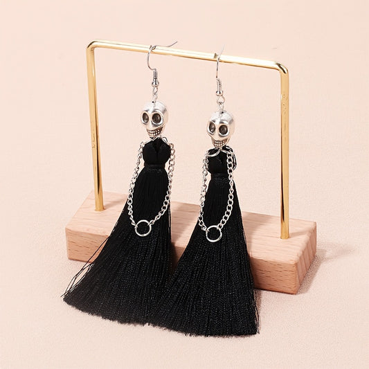 [With Tassel Dangle Earrings Skeleton] Halloween Skeleton Bride Design With Threads Tassel Dangle Earrings Goth Party Style Zinc Alloy Jewelry Ghost Festival Ear Ornaments