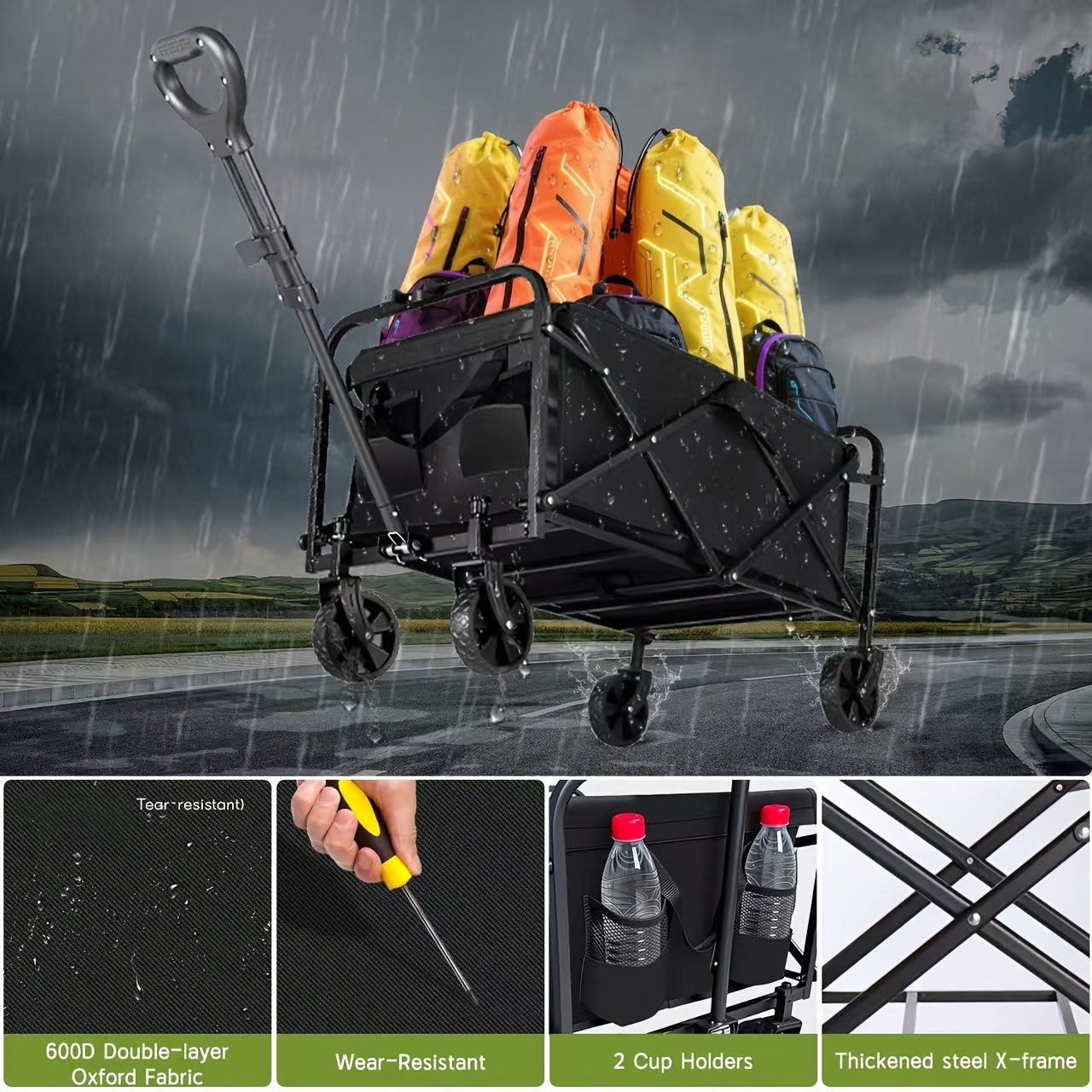 220LBS/ 450LBS/ 680LBS All Terrain Heavy Duty Folding Cart, Large Capacity Camper Suitable for Yard Shopping/ Sports/ Outdoor/ Gardening Equipment Handling, Black Multifunctional Utility Cart