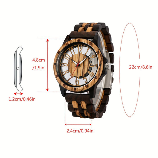 LeeEv Natural Mens Wood Watch, Transparent Hollowed Out Arabic Numeral Dial Quartz Wooden Watch, Quartz Movement Natural Wooden Watch Gift For Man Boys Father Son