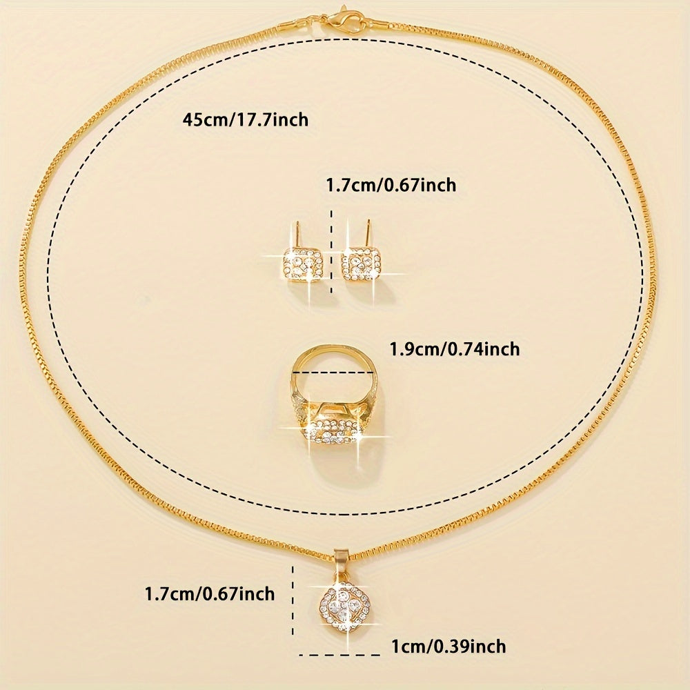 [Minimalist Jewelry] 4PCS Minimalist Women's Fashion Square Jewelry Set | Glass Inlay, Alloy Base, Suitable for Everyday Wear, Perfect for Teacher's Day/Back to School/Graduation Season
