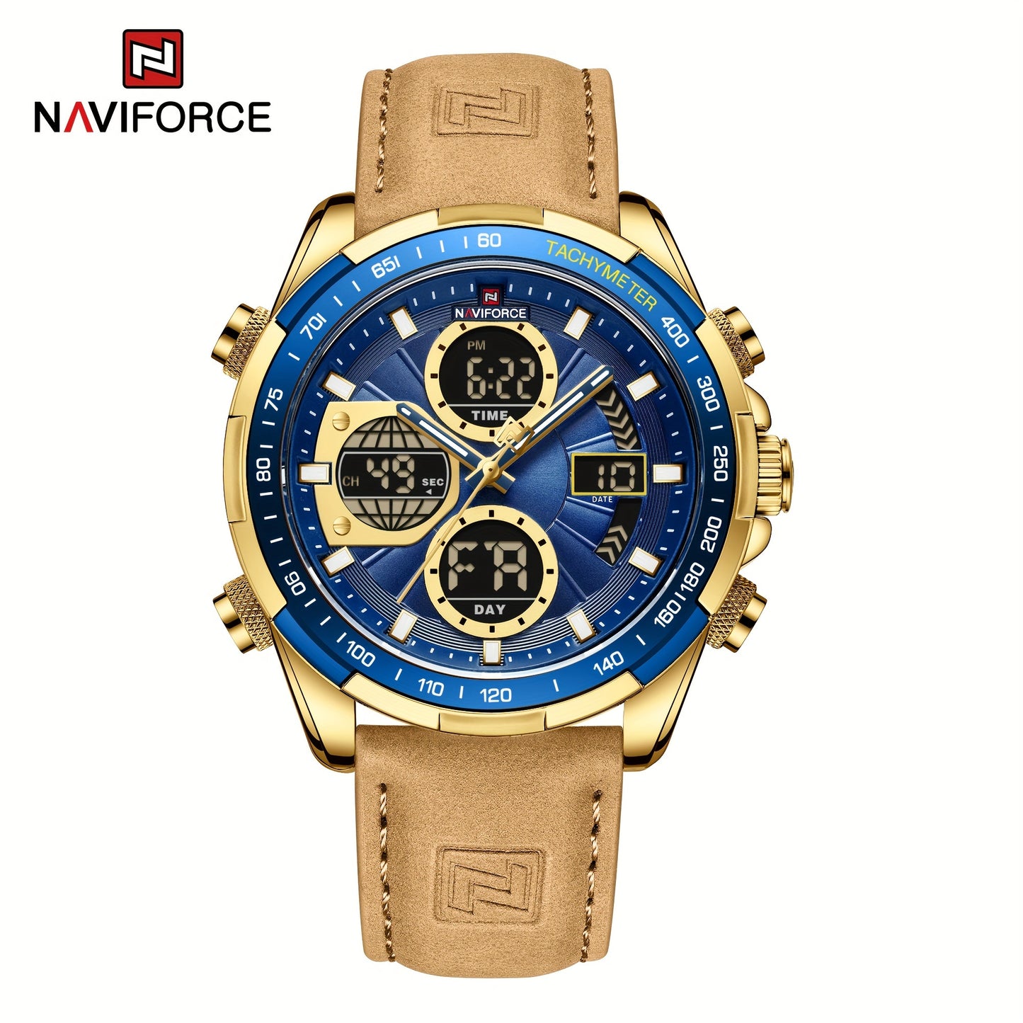 NAVIFORCE Men's Dual Display Sports Watch - Green Genuine Leather Strap, Stainless Steel Case, Chronograph & Date Functions, Ideal for Casual or Athletic Wear, Athletic Accessory|Classic Round Dial|Durable Zinc Alloy