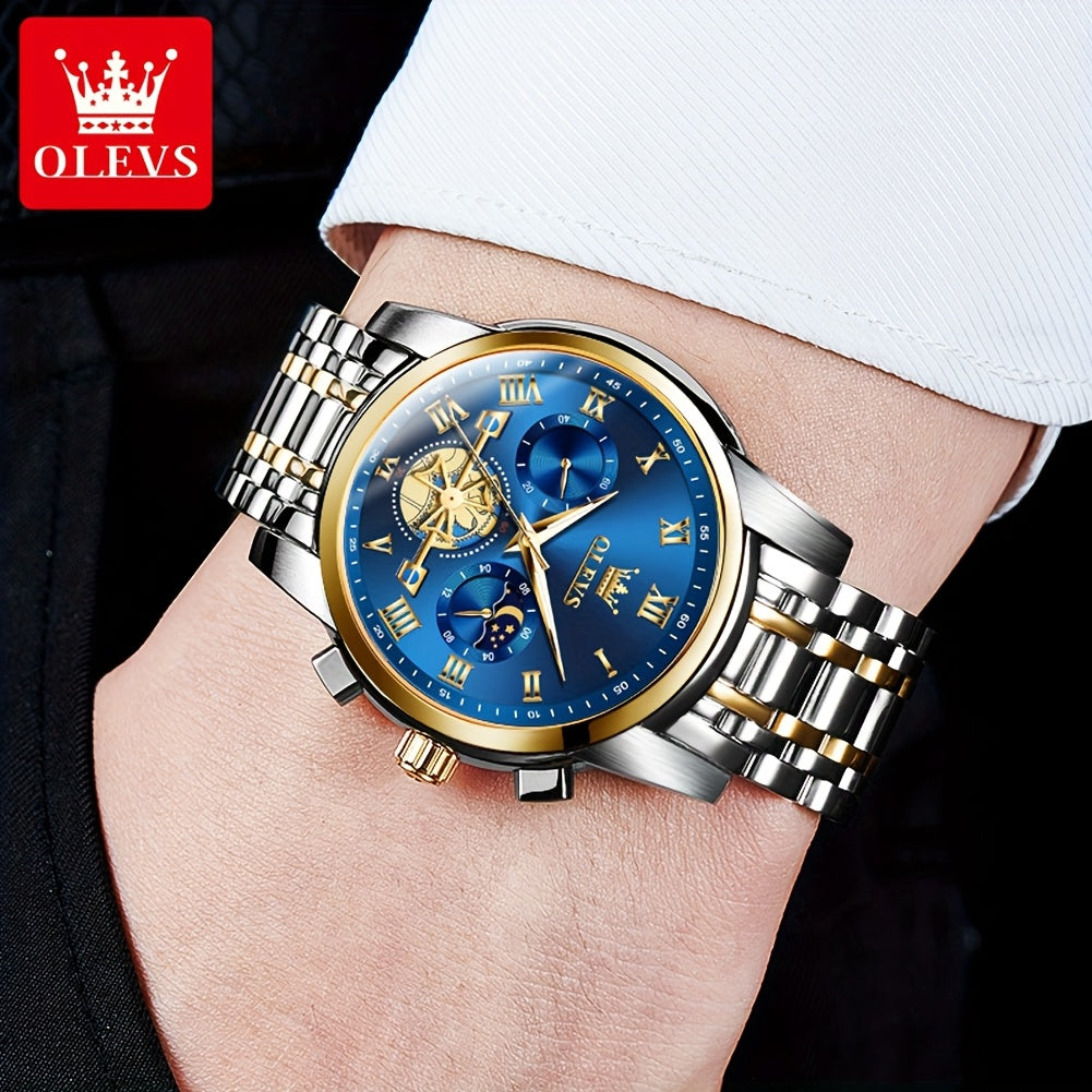 [Luxury Men's Watch] OLEVS Luxury Men's Business Watch | Stainless Steel, Blue Dial, Golden Markers, Moon Phase Indicator, Luminous Hands, Quartz Movement, Roman Numerals & Crown Detailing | Versatile Wristwatch for Formal &