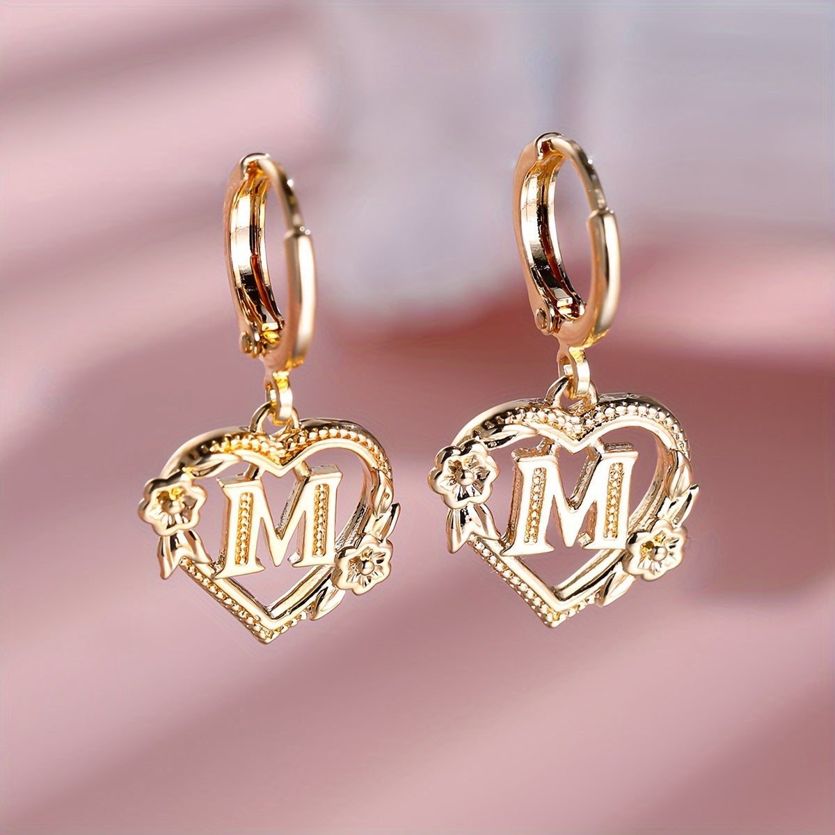 Golden Letter Heart Flower Stud Earrings for Women, Elegant Jewelry Suitable for Banquet and Party Wear
