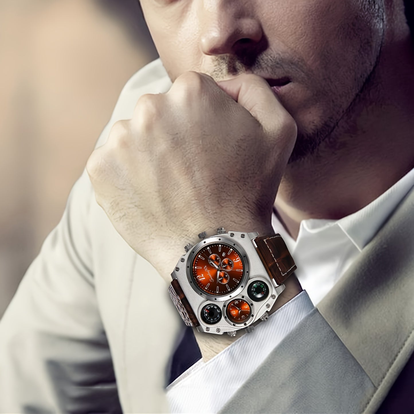 Men 2 Time Zone Big Quartz Watch Mens Faux Leather Wrist Watch Casual Sports Wirstwatch