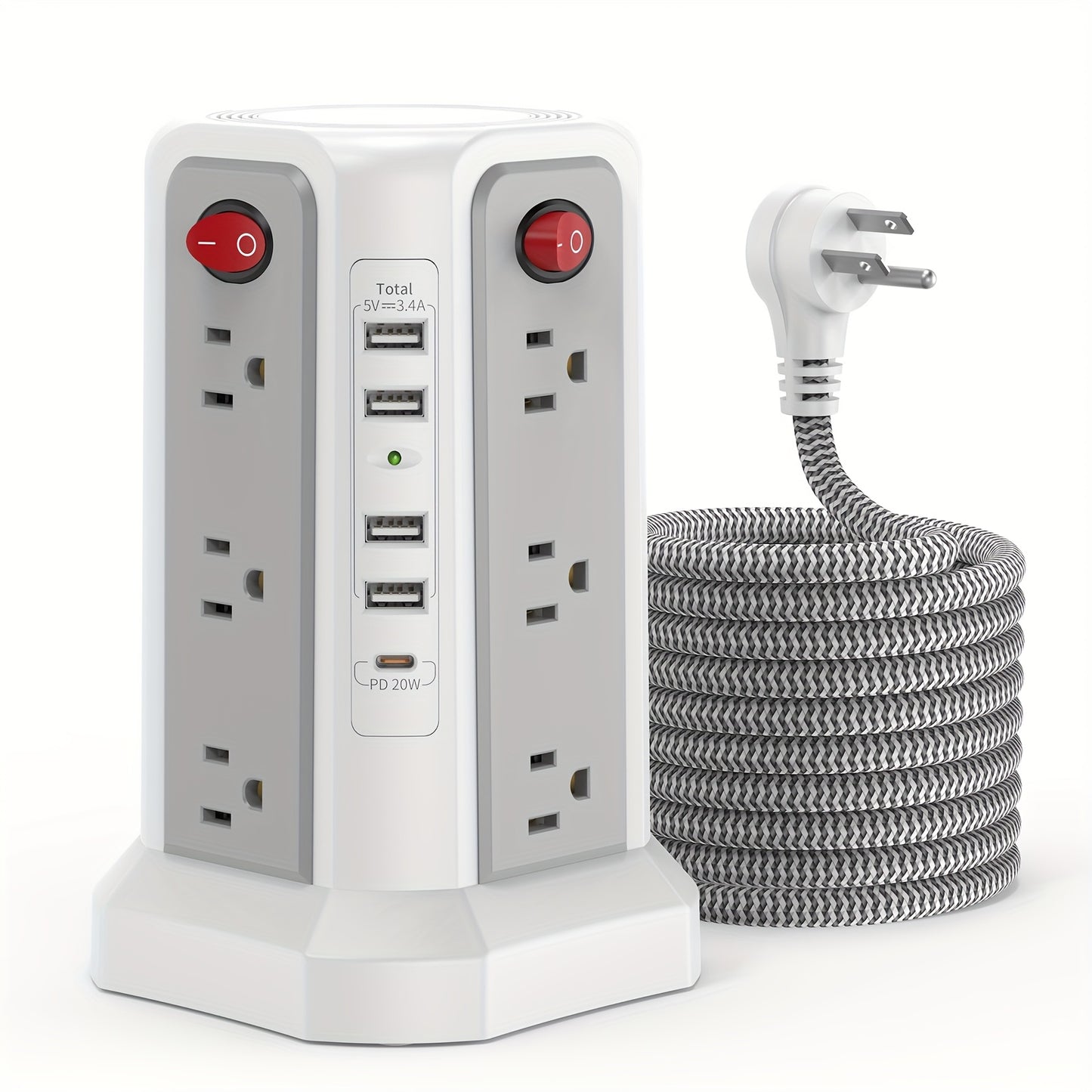 LEVEL 4 Upgraded New Product Flat Plug 16 AC Outlets Power Strip Tower with USB/USB C Port, Surge Protector Power Tower with 5 USB Charging Ports, Extension Cord Desktop Power Strip