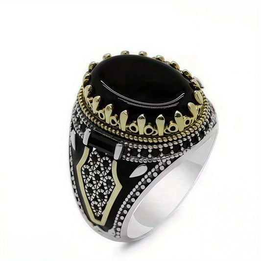 1pc Vintage Retro Men's Ring with Black Synthetic Synthetic Zirconia, Golden-Tone Metalwork & Intricate Detailing - Durable Jewelry Gift for Father's Day, Valentine's, Christmas, Party Accessory, Bold Statement Piece, Highqua