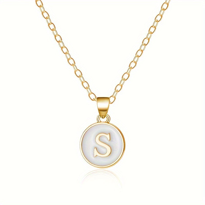 26-Letter Stainless Steel Clavicle Chain Necklace - Dripping Oil Geometric Round Pendant with English Initials - Ladies' Fashion Jewelry for Personalized Gift