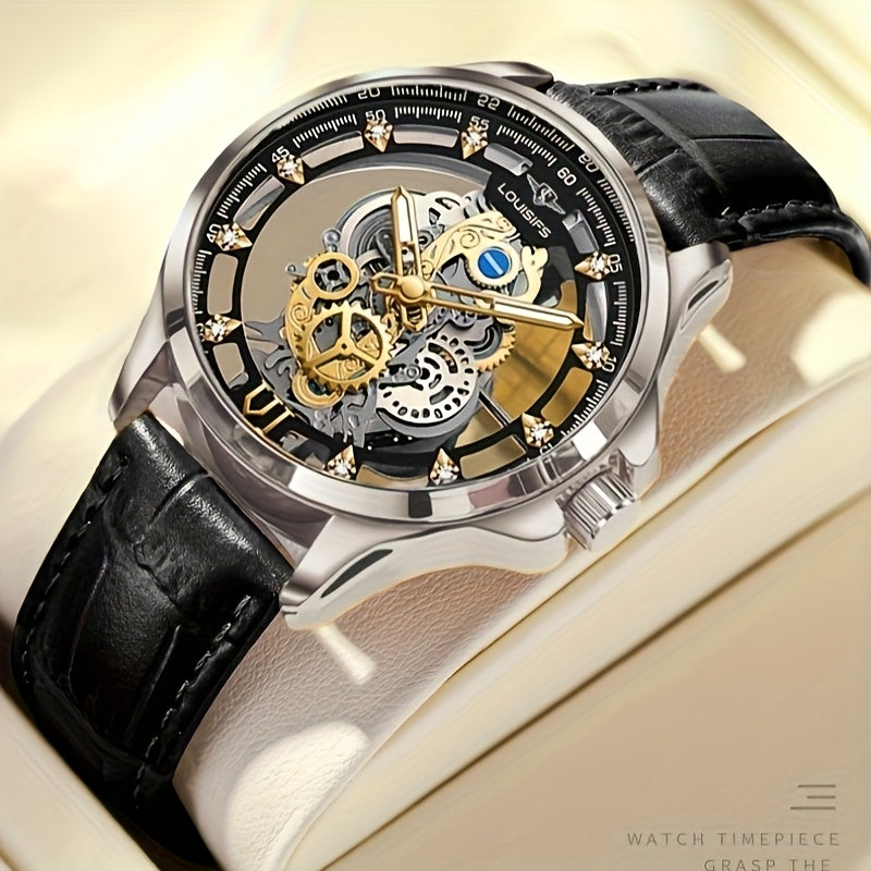Men's Double-Sided Hollow Luminous Quartz Watch with Mechanical Automatic Movement, Transparent Case & Date Display - Business Casual Dress Watch, Ideal Gift for Him