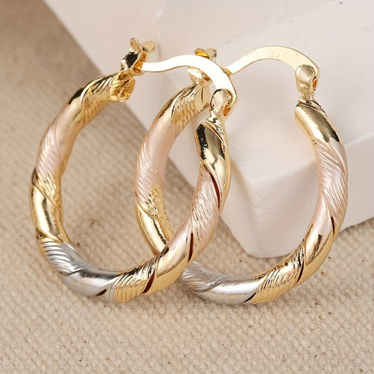 Two-Tone Golden And Silvery Elegant & Classic Twisted Hoop Earrings, Minimalist Fashion Accessories For Women