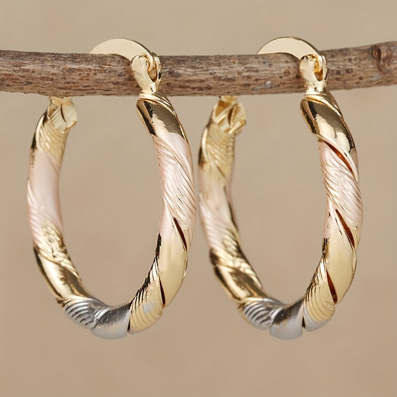 Two-Tone Golden And Silvery Elegant & Classic Twisted Hoop Earrings, Minimalist Fashion Accessories For Women